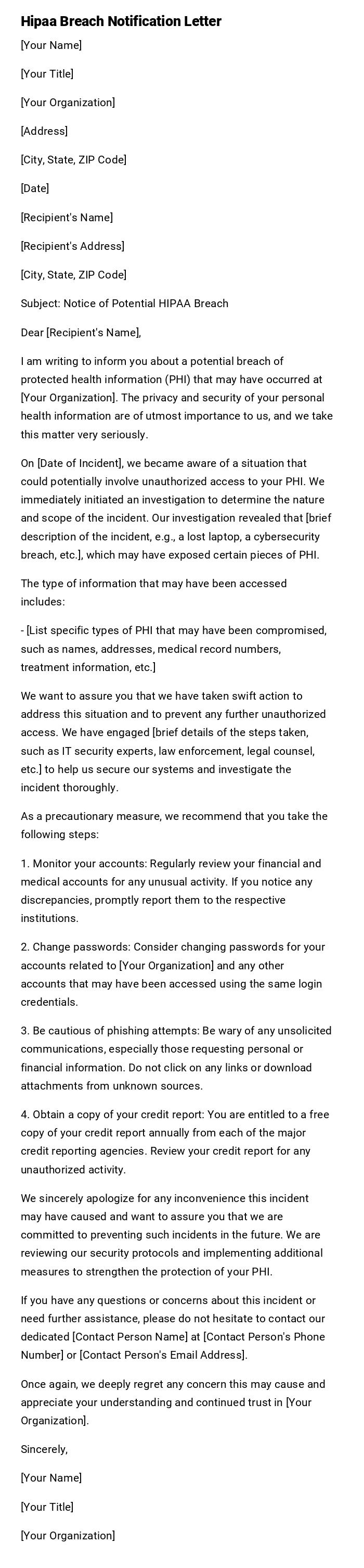 Hipaa Breach Notification Letter