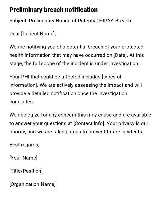 Preliminary breach notification Preliminary breach notification