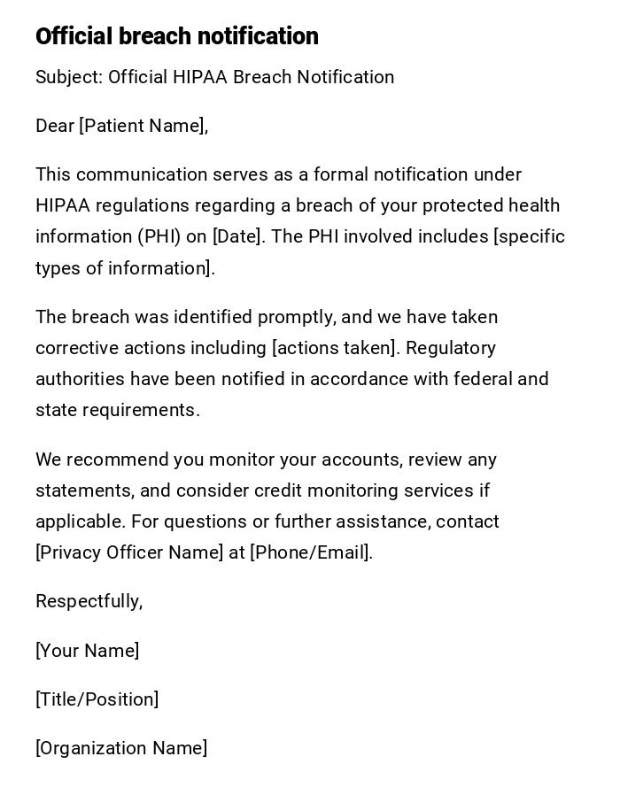 Official breach notification Official breach notification