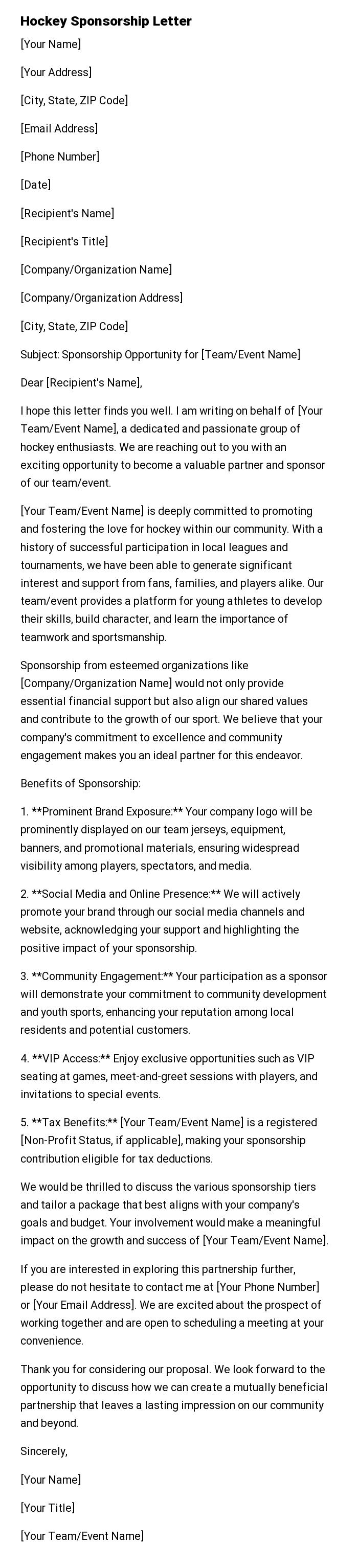 Hockey Sponsorship Letter