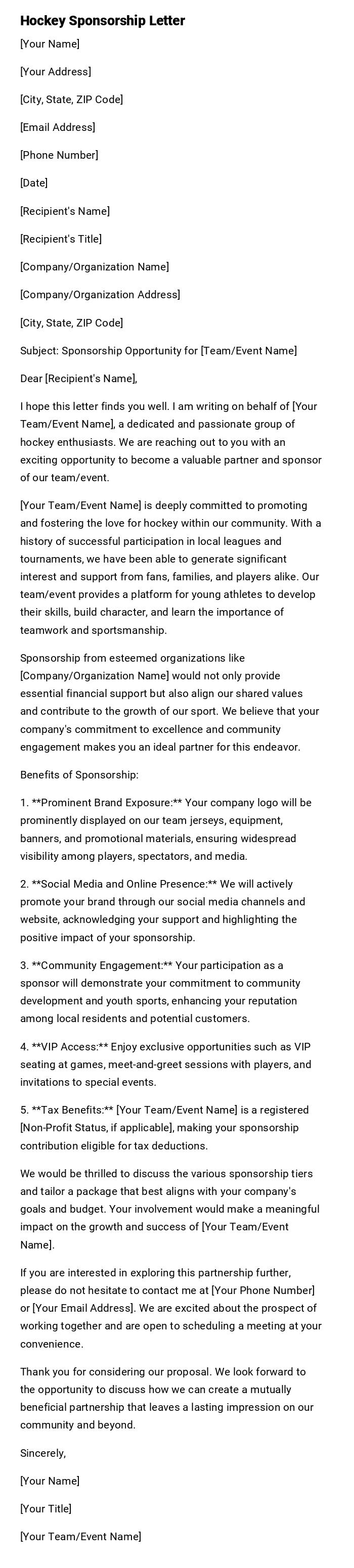 Hockey Sponsorship Letter