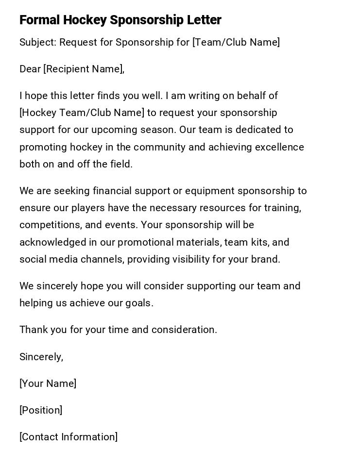 Formal Hockey Sponsorship Letter Formal Hockey Sponsorship Letter