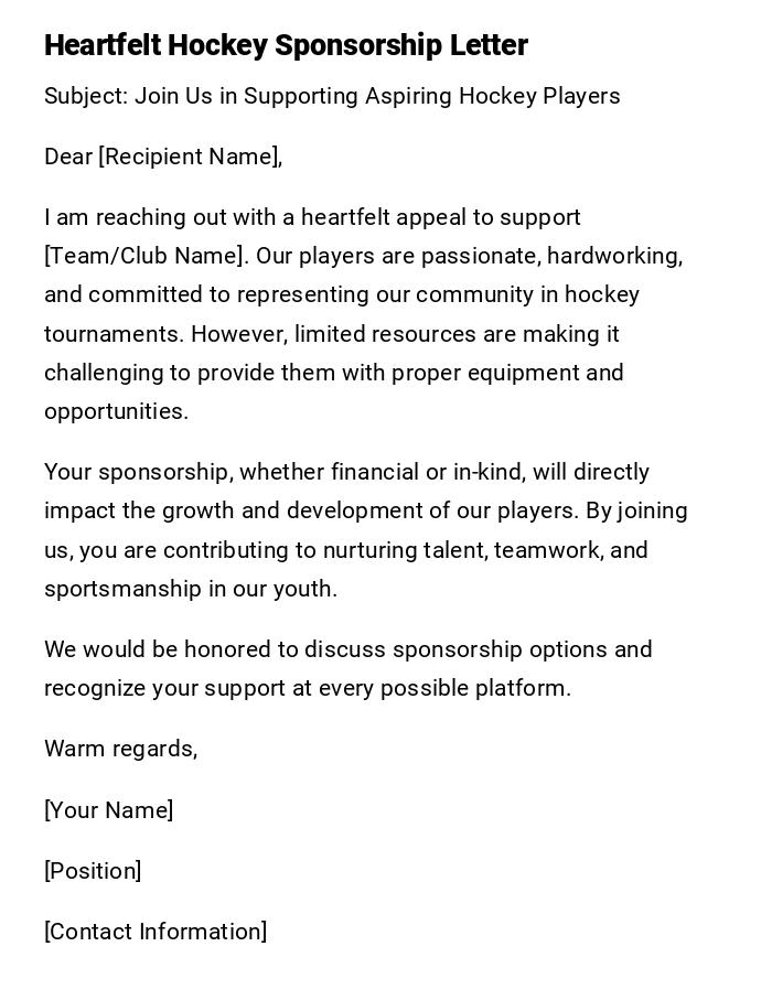 Heartfelt Hockey Sponsorship Letter Heartfelt Hockey Sponsorship Letter