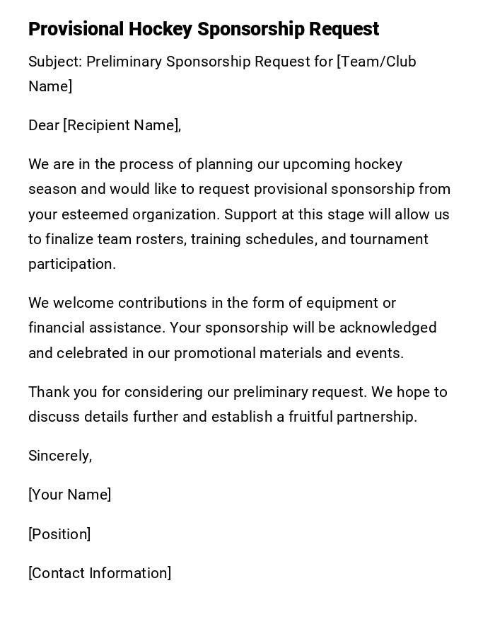 Provisional Hockey Sponsorship Request Provisional Hockey Sponsorship Request