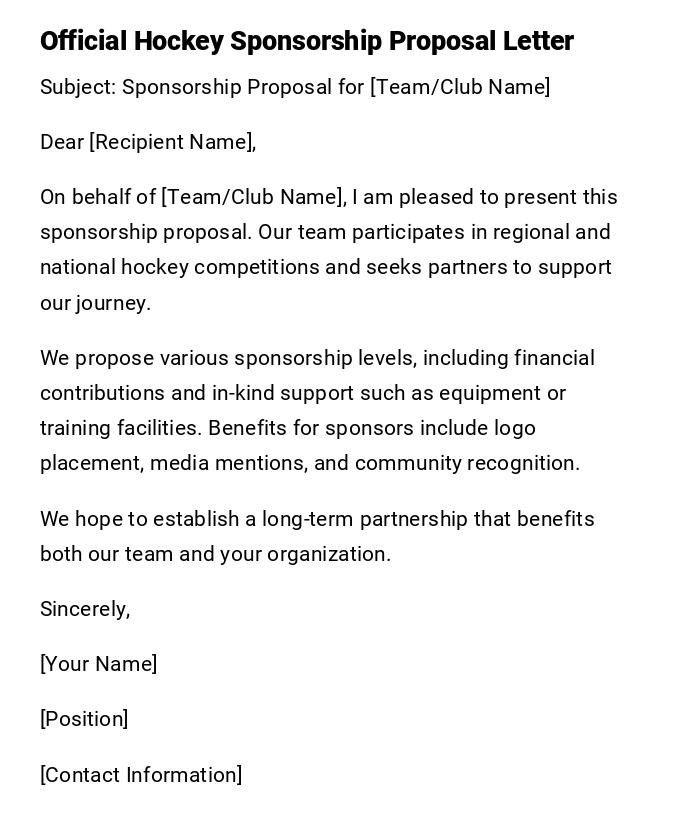 Official Hockey Sponsorship Proposal Letter Official Hockey Sponsorship Proposal Letter