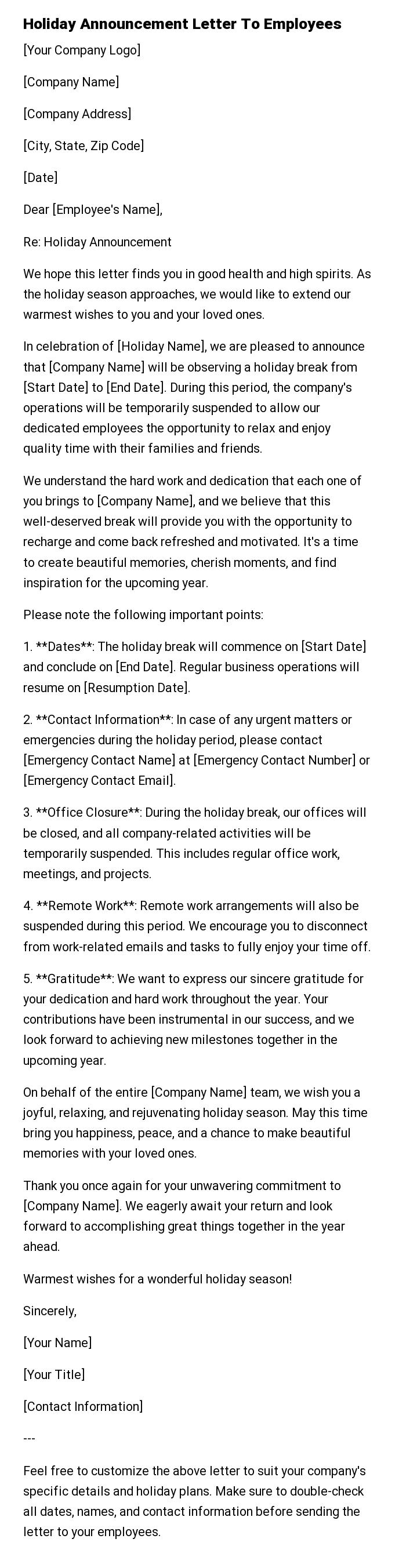 Holiday Announcement Letter To Employees