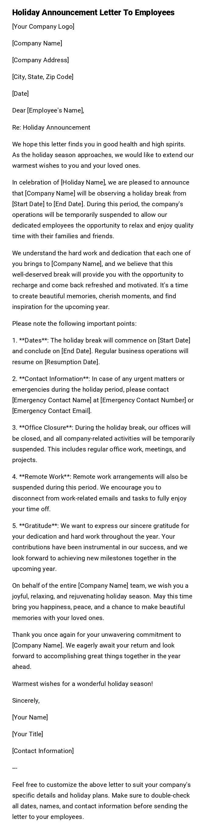 Holiday Announcement Letter To Employees