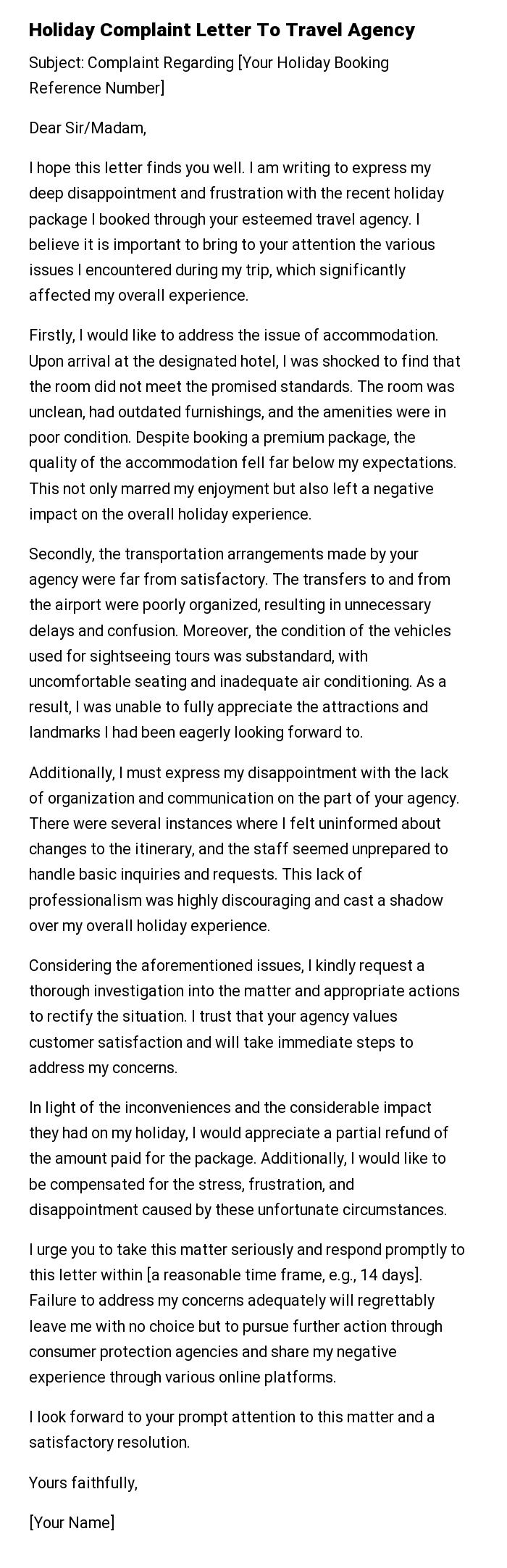 Holiday Complaint Letter To Travel Agency