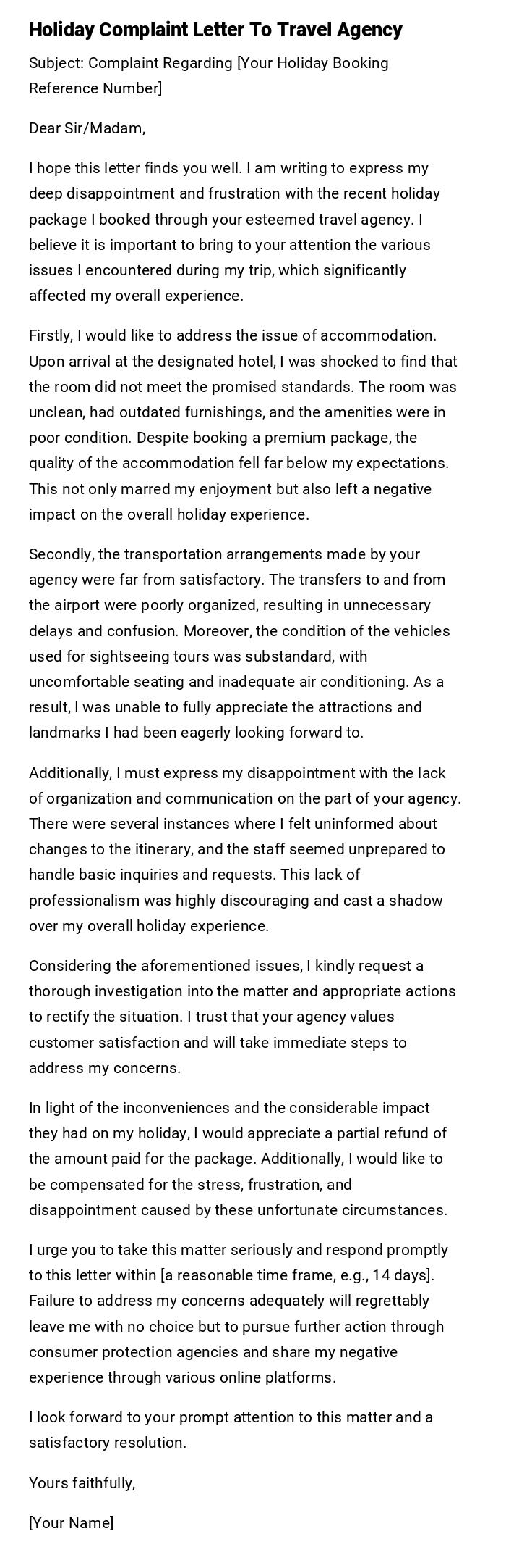 Holiday Complaint Letter To Travel Agency