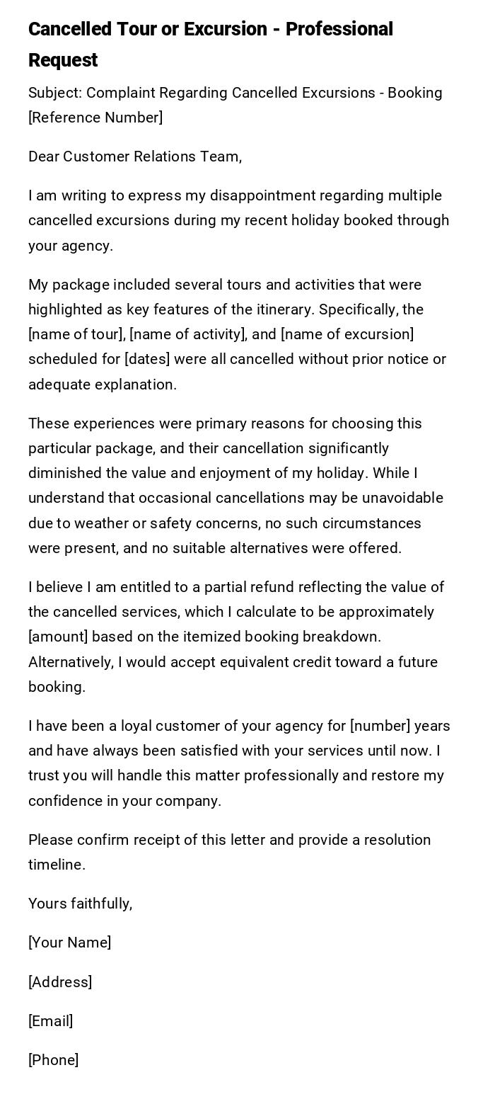 Cancelled Tour or Excursion - Professional Request Cancelled Tour or Excursion - Professional Request