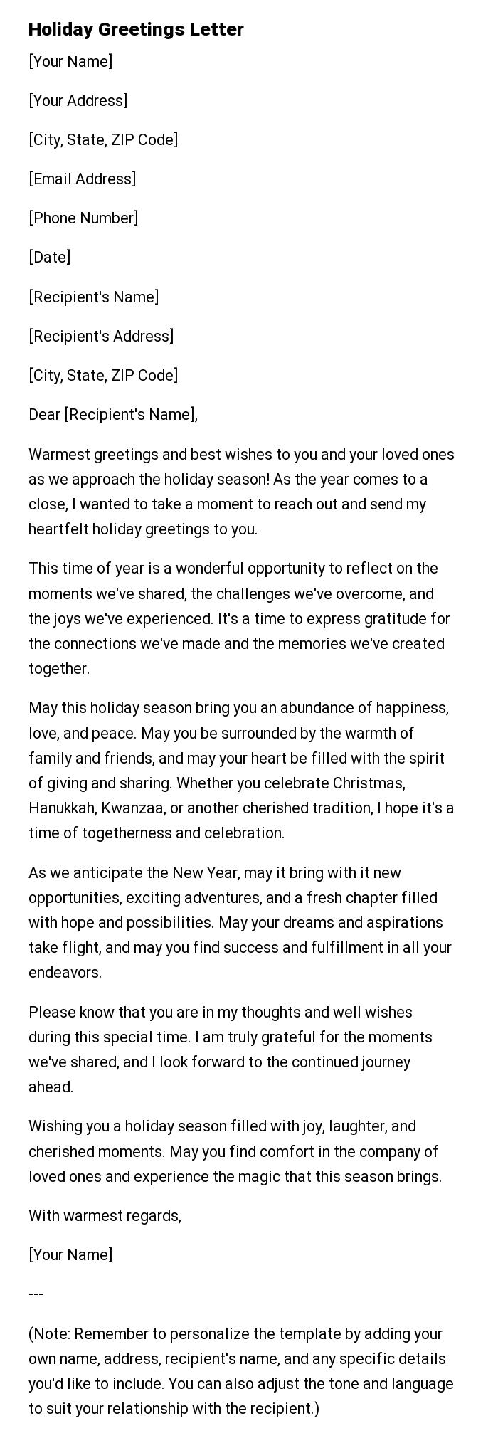 Holiday Greetings Letter