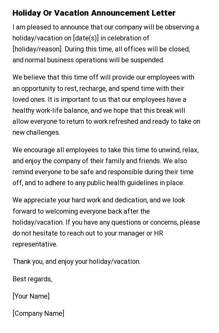 Holiday Or Vacation Announcement Letter