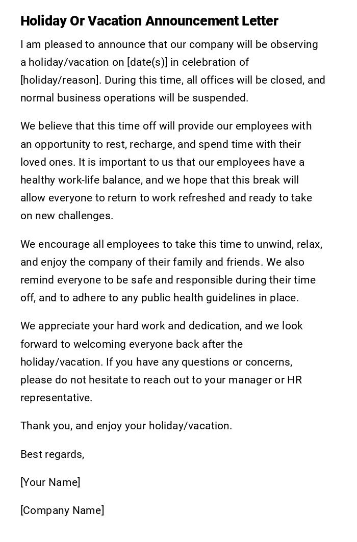 Holiday Or Vacation Announcement Letter