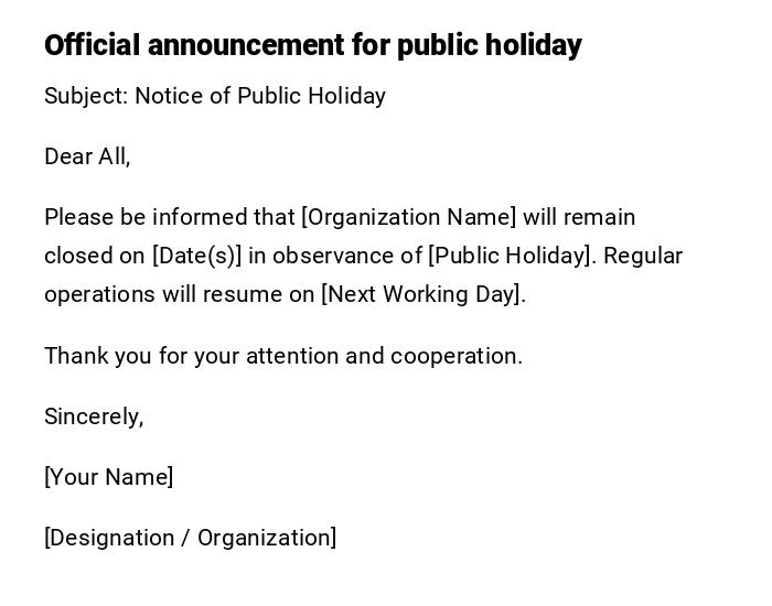 Official announcement for public holiday