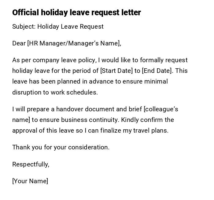 Official holiday leave request letter Official holiday leave request letter