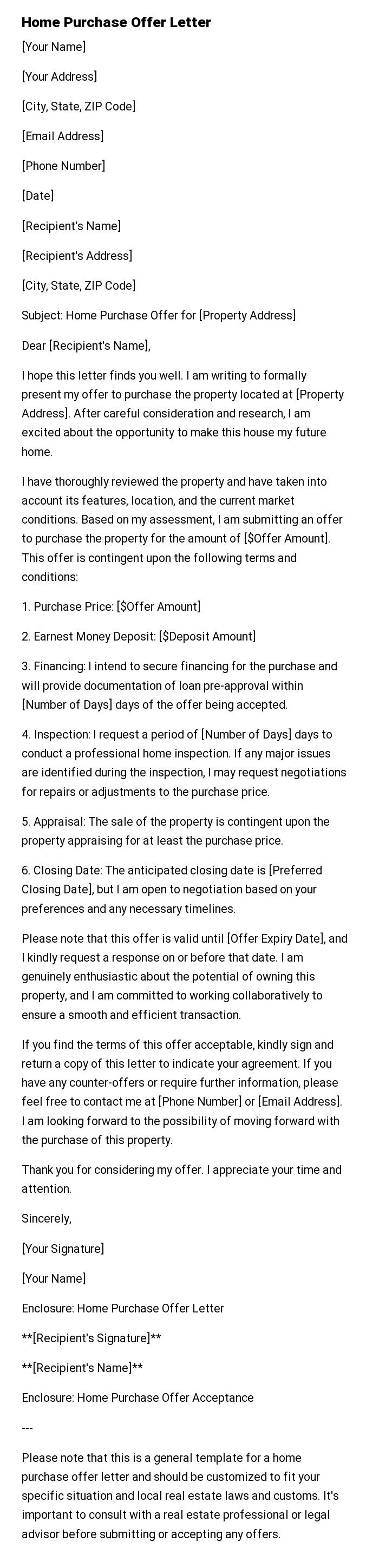 Home Purchase Offer Letter