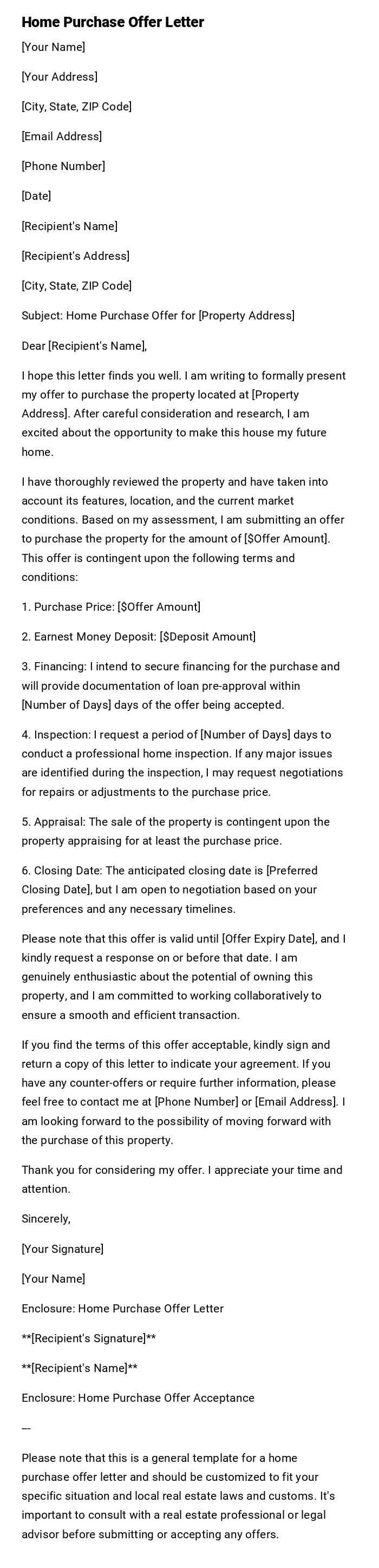 Home Purchase Offer Letter