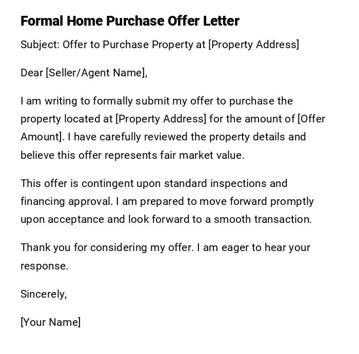 Formal Home Purchase Offer Letter Formal Home Purchase Offer Letter