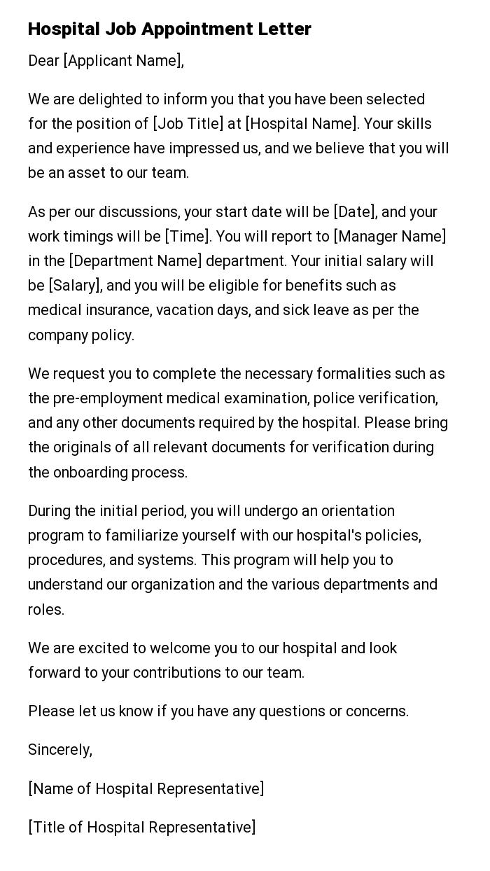 Hospital Job Appointment Letter