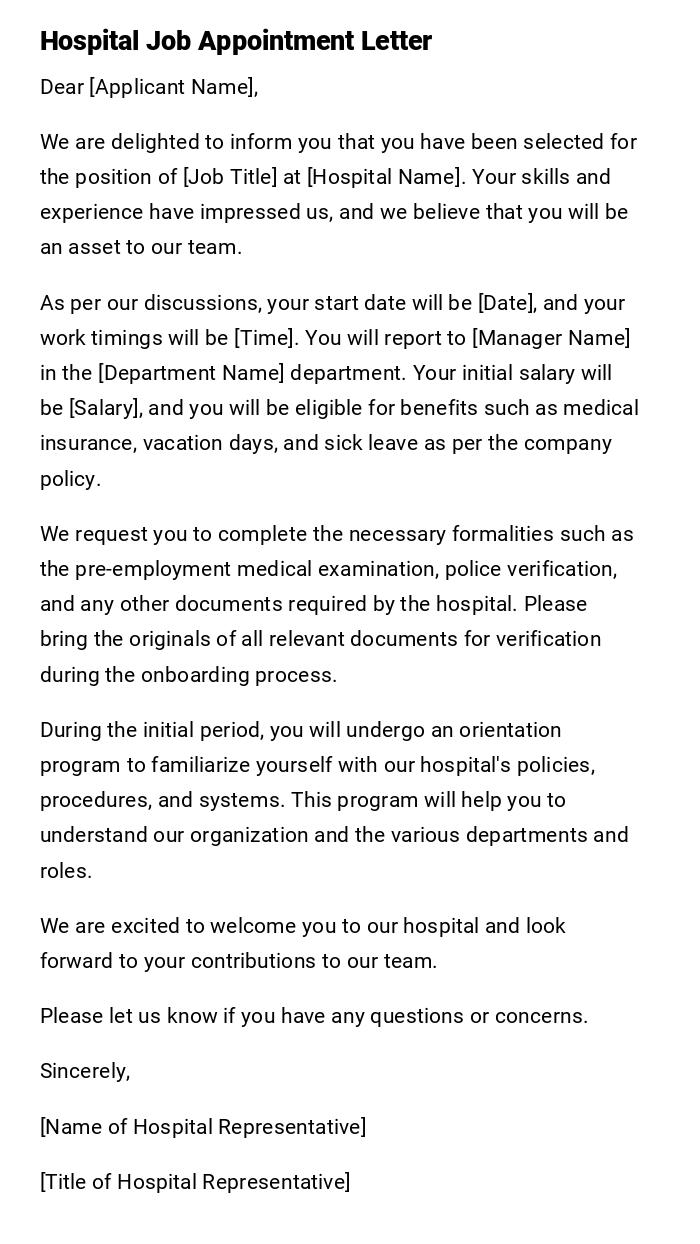 Hospital Job Appointment Letter