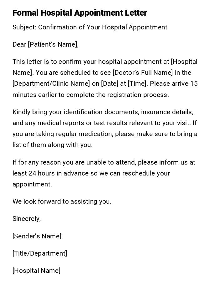 Formal Hospital Appointment Letter Formal Hospital Appointment Letter