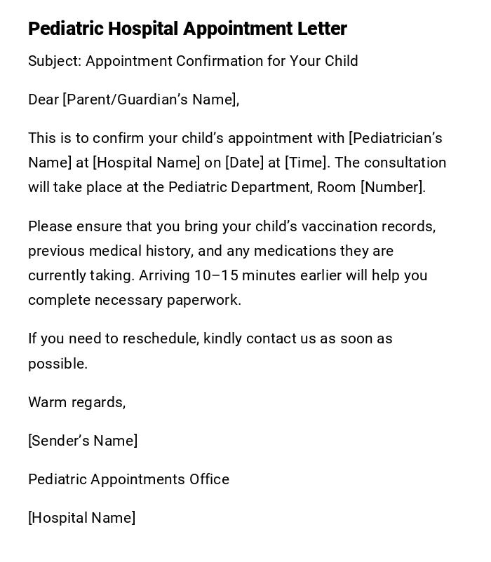 Pediatric Hospital Appointment Letter Pediatric Hospital Appointment Letter
