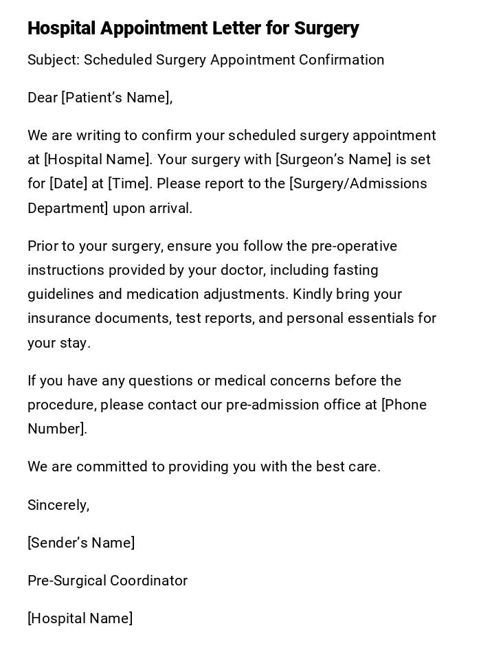 Hospital Appointment Letter for Surgery Hospital Appointment Letter for Surgery