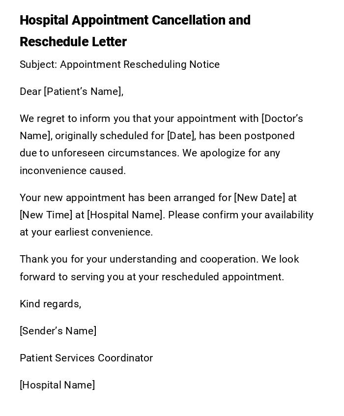 Hospital Appointment Cancellation and Reschedule Letter Hospital Appointment Cancellation and Reschedule Letter