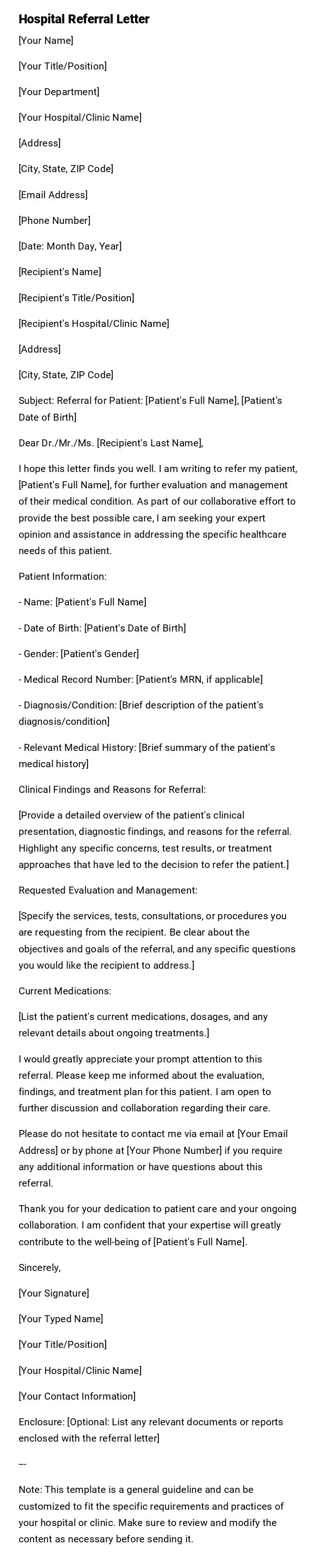 Hospital Referral Letter Hospital Referral Letter