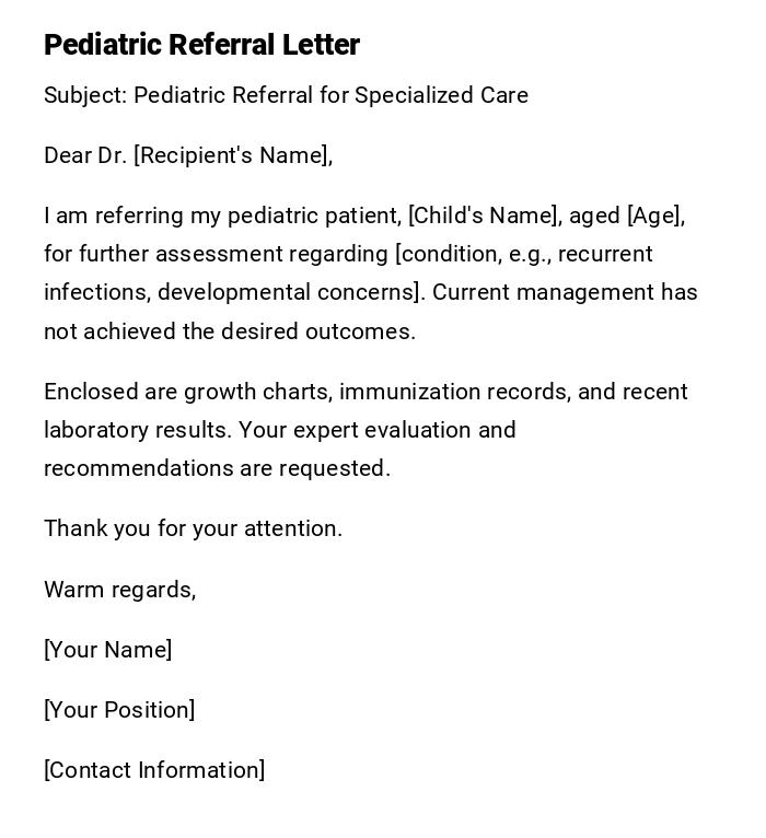 Pediatric Referral Letter Pediatric Referral Letter