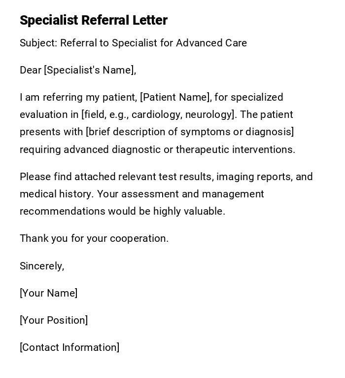 Specialist Referral Letter Specialist Referral Letter