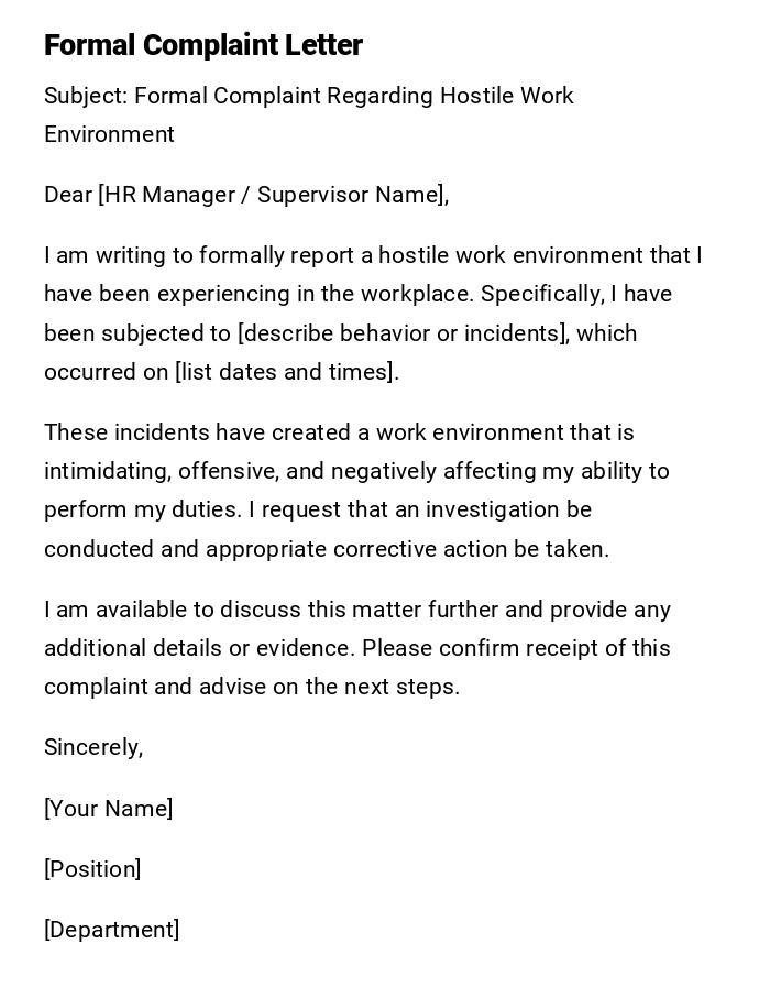 Formal Complaint Letter Formal Complaint Letter
