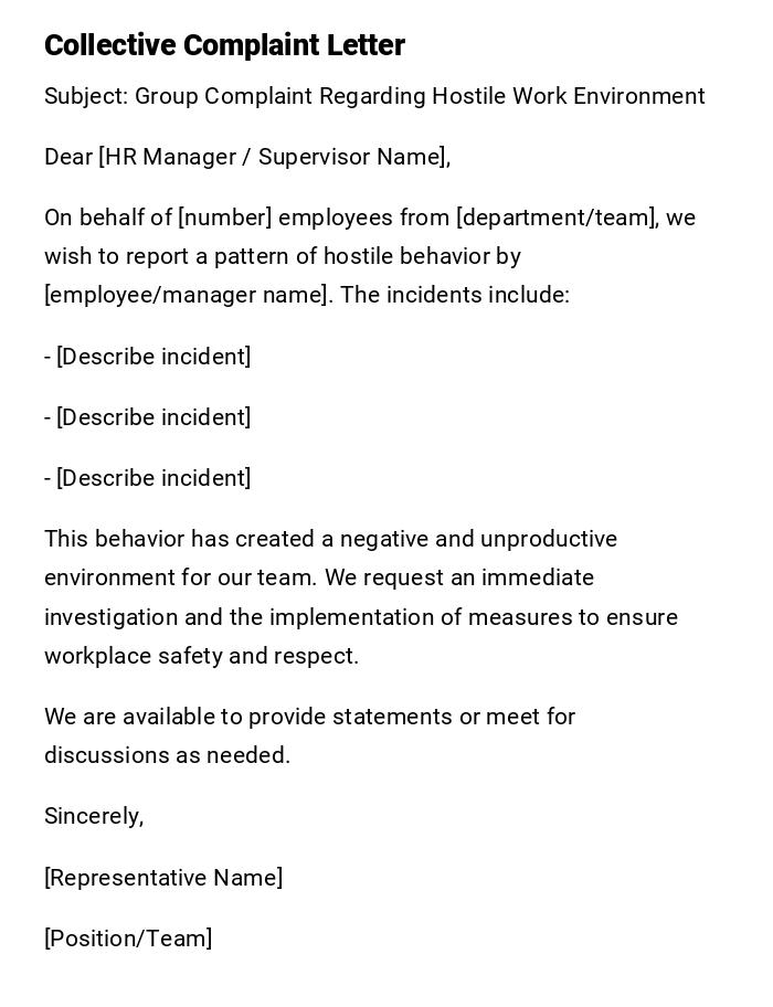 Collective Complaint Letter Collective Complaint Letter