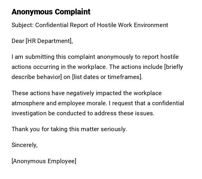 Anonymous Complaint Anonymous Complaint