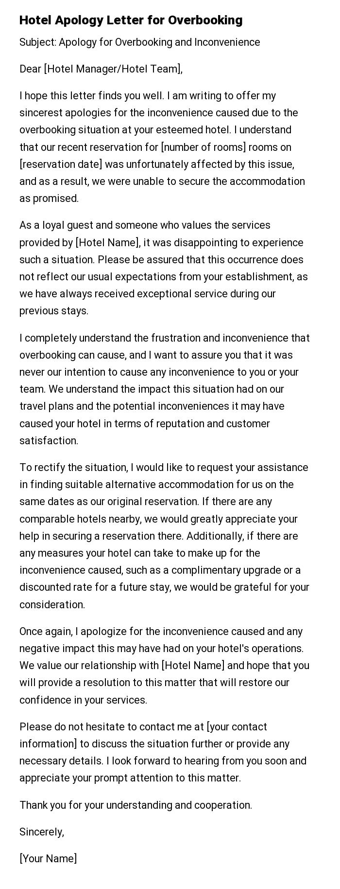 Hotel Apology Letter for Overbooking