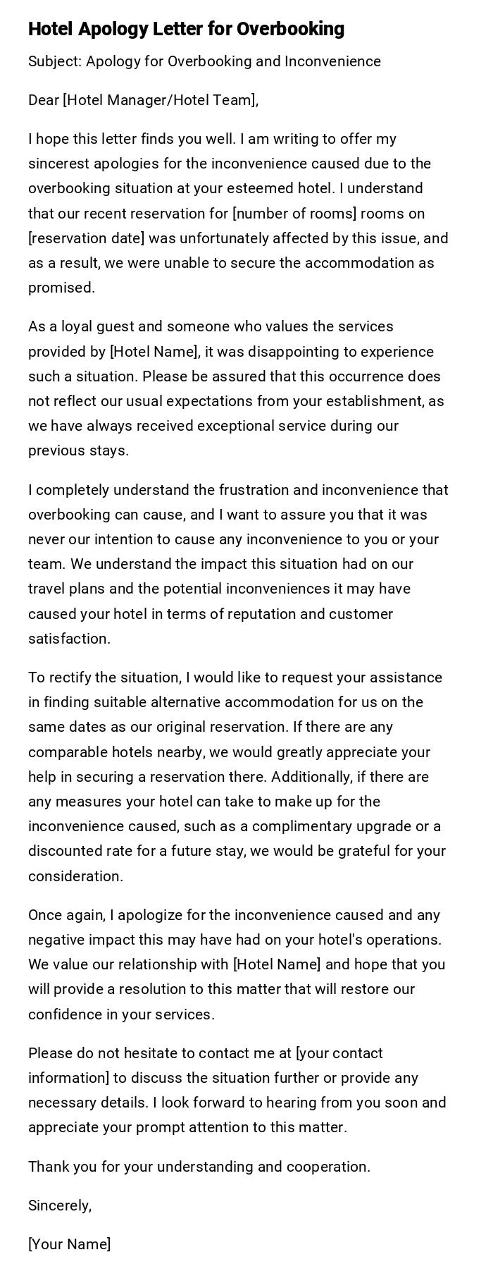 Hotel Apology Letter for Overbooking