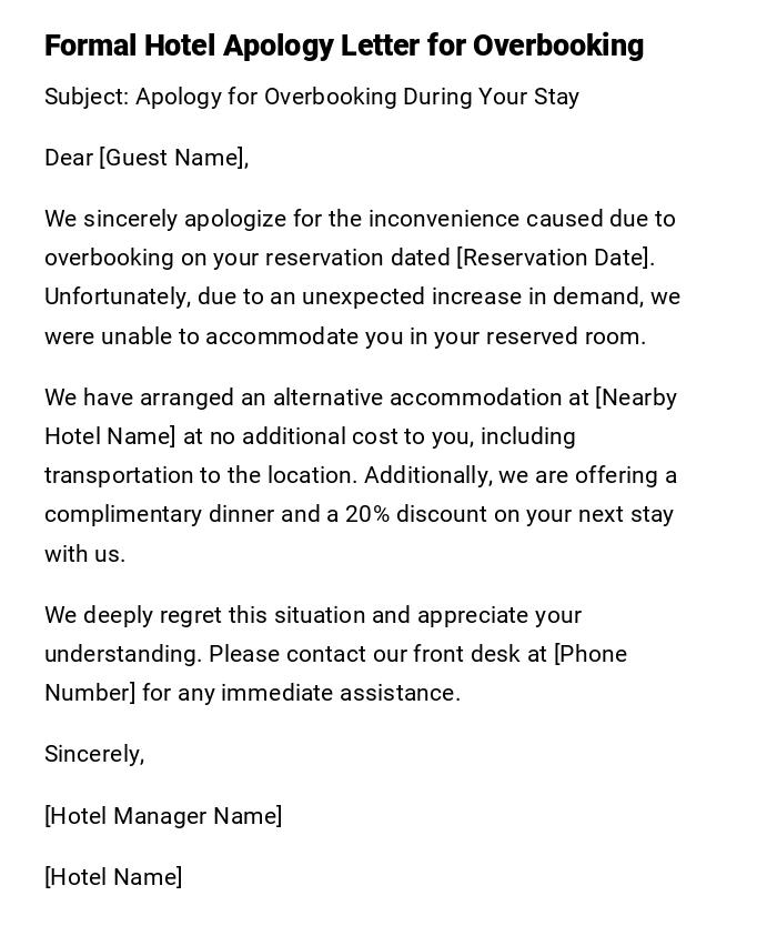 Formal Hotel Apology Letter for Overbooking Formal Hotel Apology Letter for Overbooking
