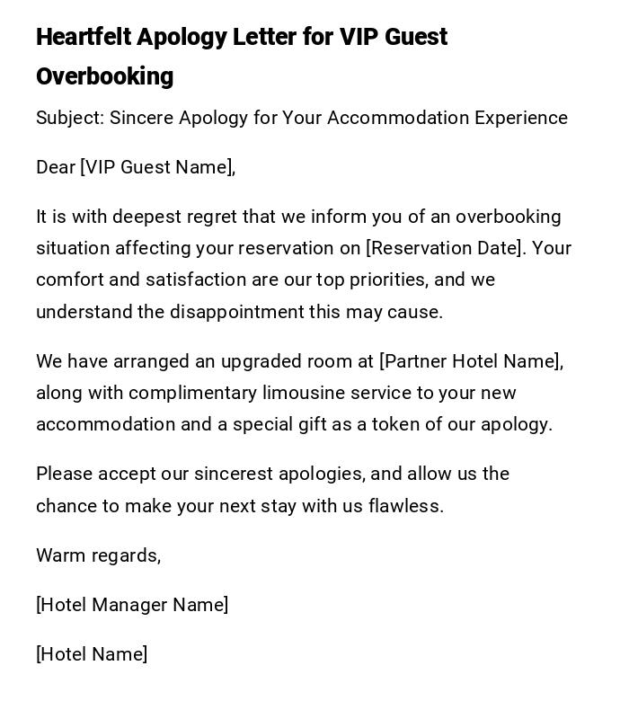 Heartfelt Apology Letter for VIP Guest Overbooking Heartfelt Apology Letter for VIP Guest Overbooking