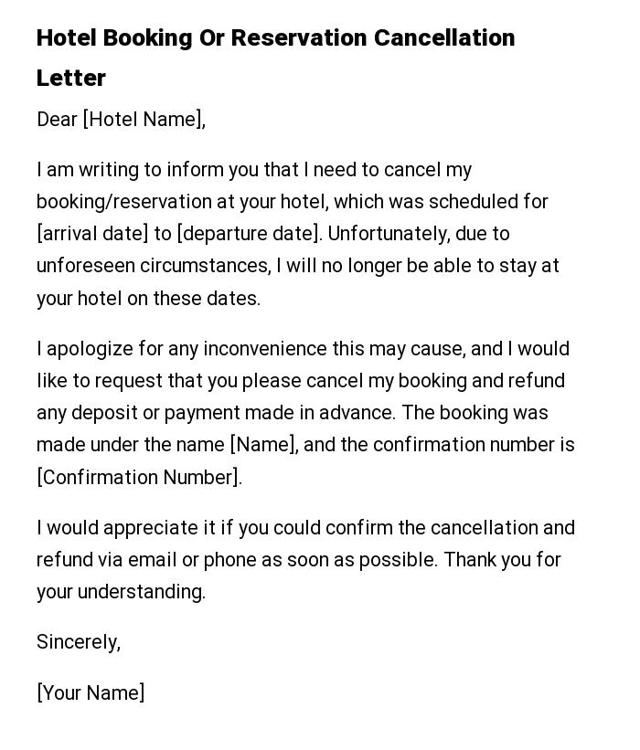 Hotel Booking Or Reservation Cancellation Letter