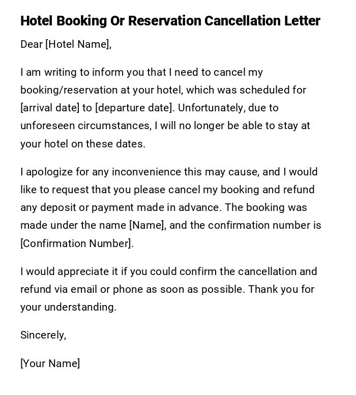 Hotel Booking Or Reservation Cancellation Letter