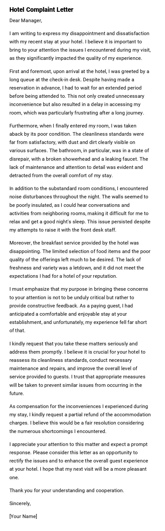 Hotel Complaint Letter