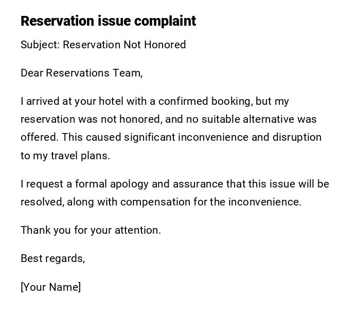 Reservation issue complaint