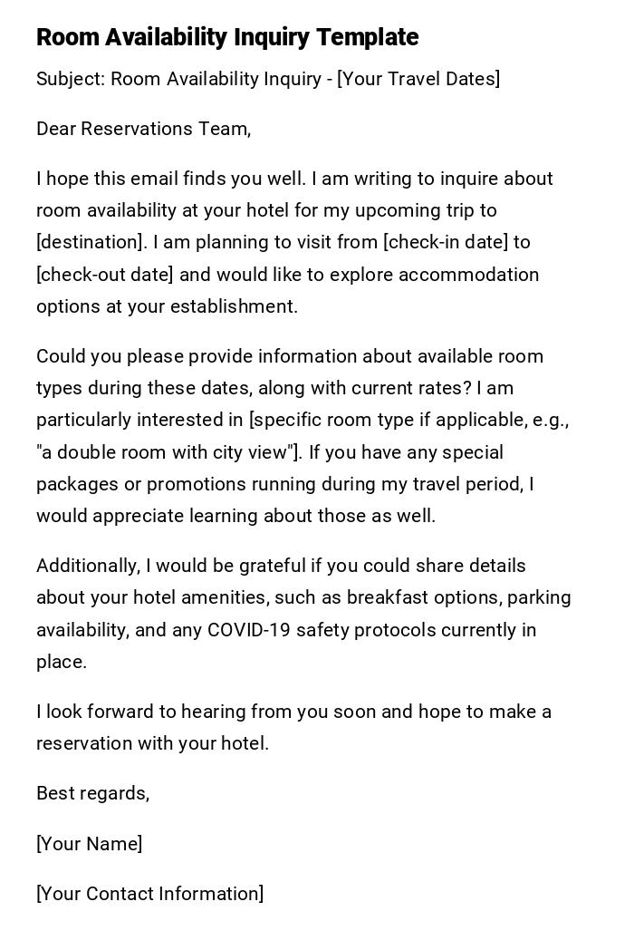 Room Availability Inquiry Template Room Availability Inquiry Template