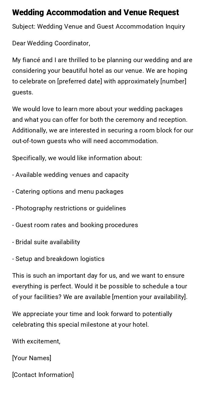 Wedding Accommodation and Venue Request Wedding Accommodation and Venue Request