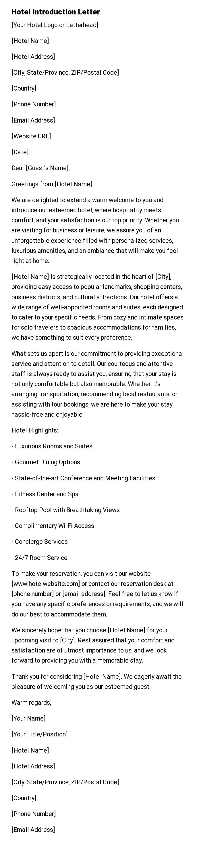 Hotel Introduction Letter