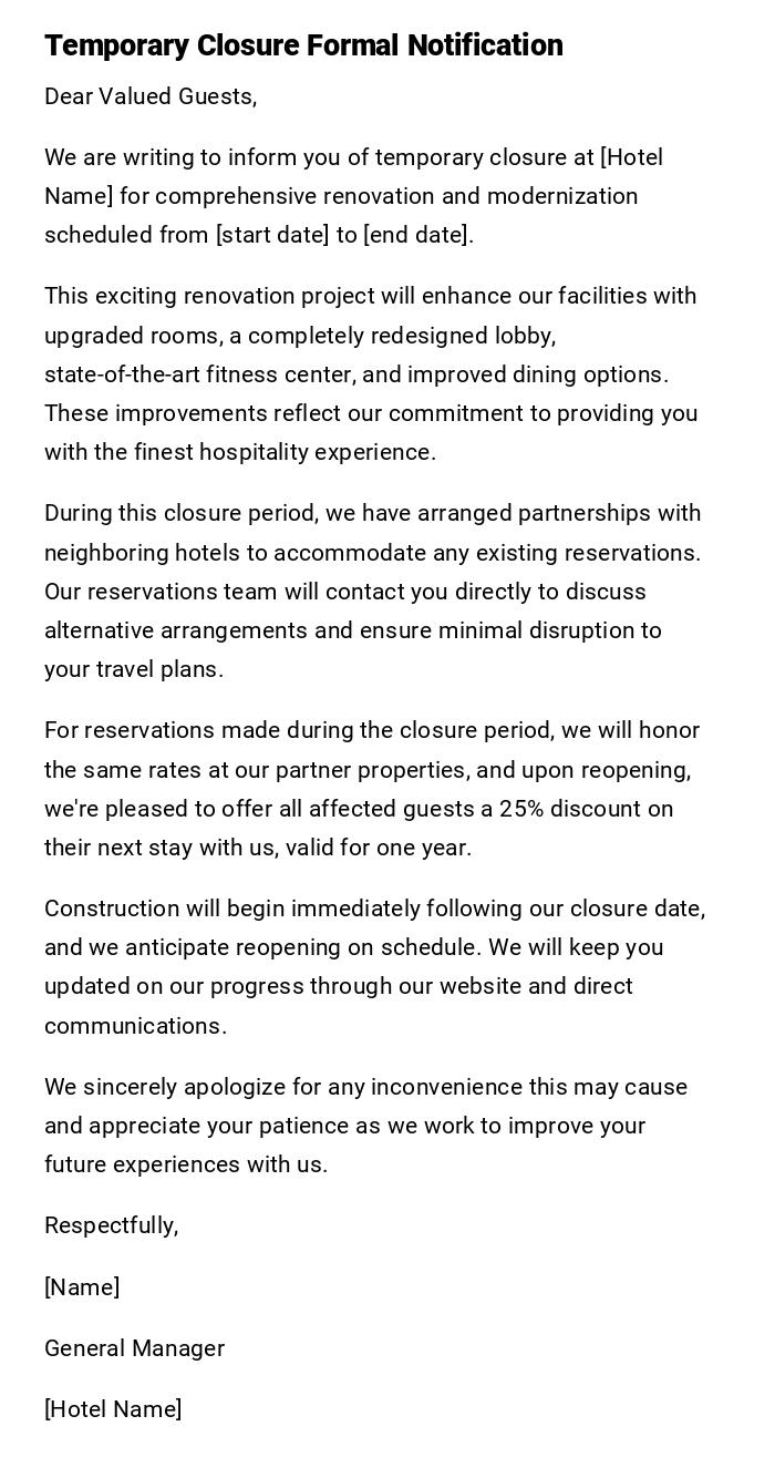 Temporary Closure Formal Notification Temporary Closure Formal Notification