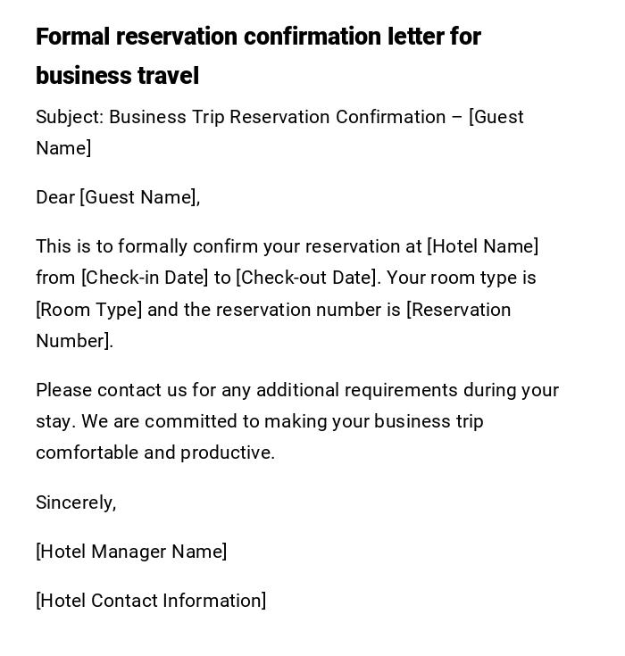 Formal reservation confirmation letter for business travel Formal reservation confirmation letter for business travel
