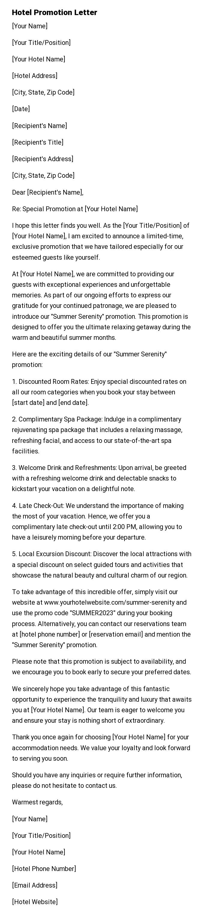 Hotel Promotion Letter