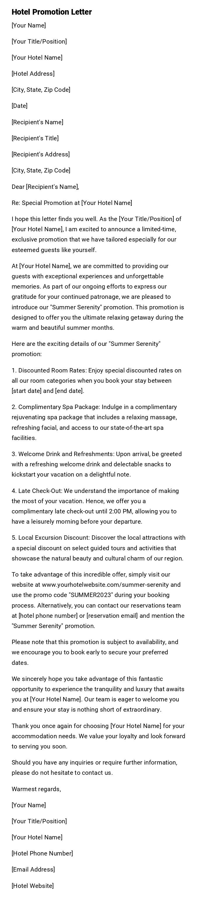 Hotel Promotion Letter Hotel Promotion Letter