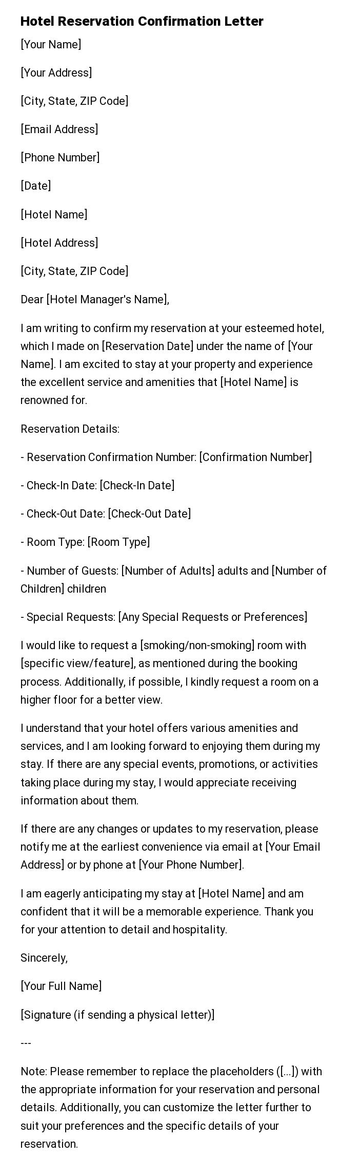 Hotel Reservation Confirmation Letter